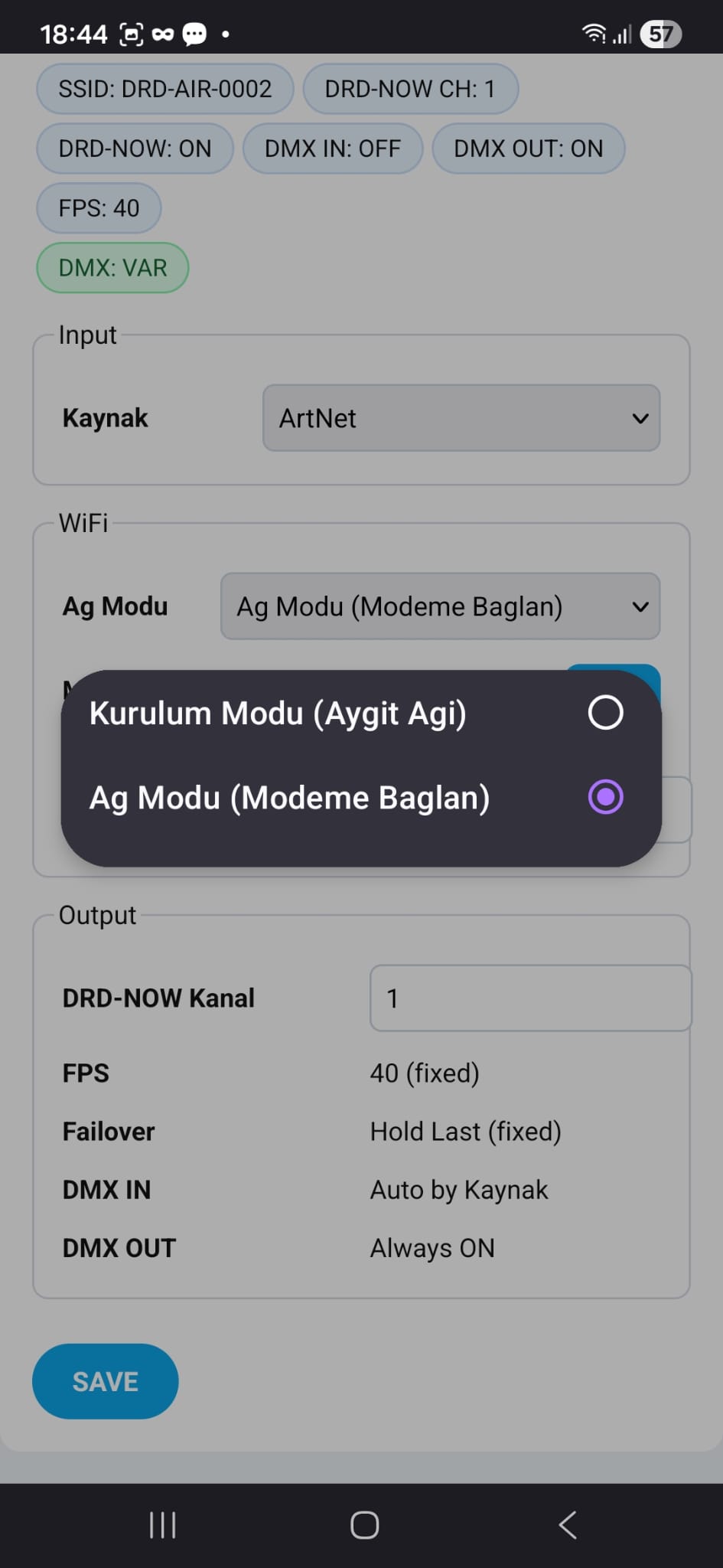 WIFI ile bağlantı tipleri ekranı