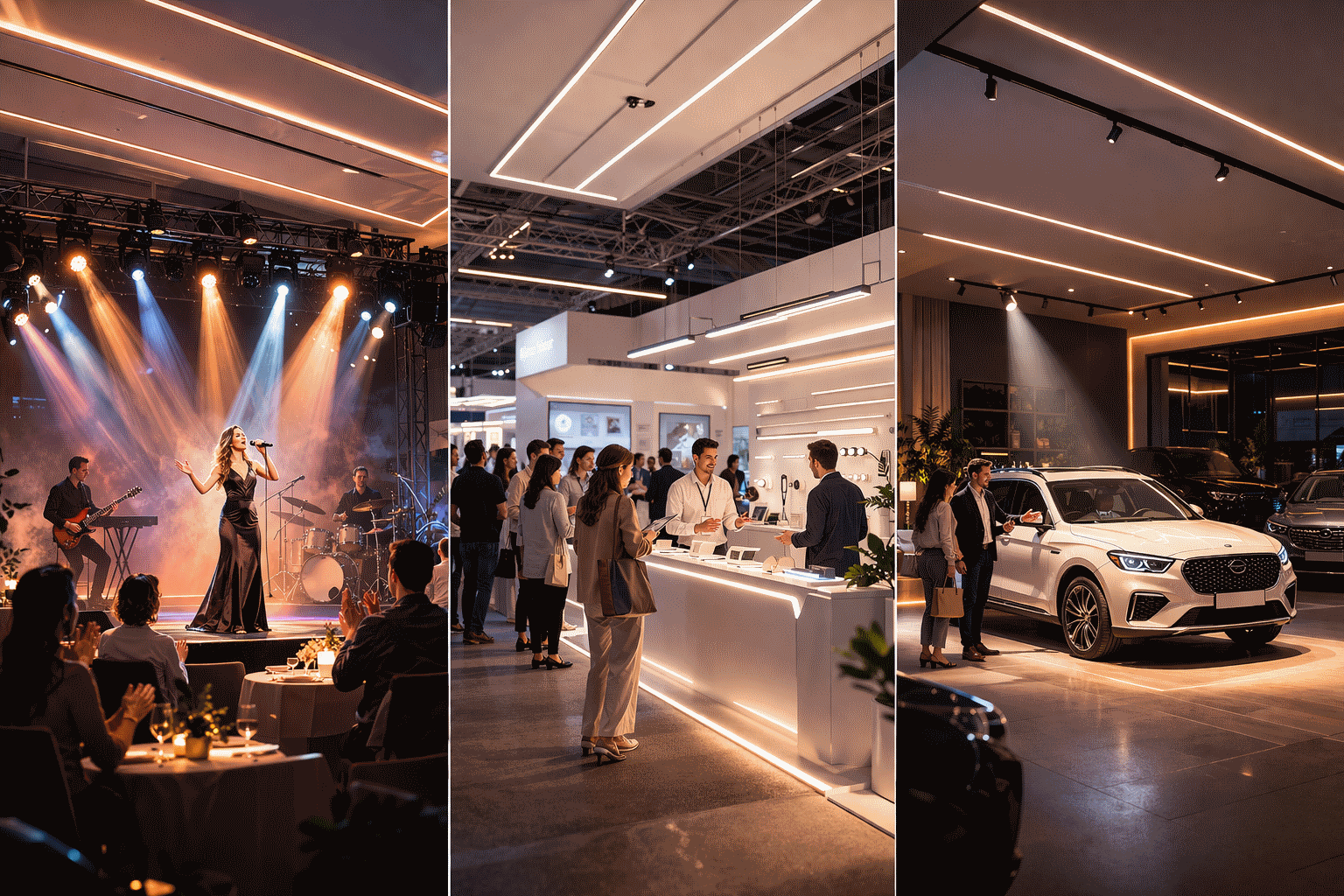 Performans sahnesi, fuar standı ve showroom kullanım alanlarını birlikte gösteren aydınlatma senaryosu