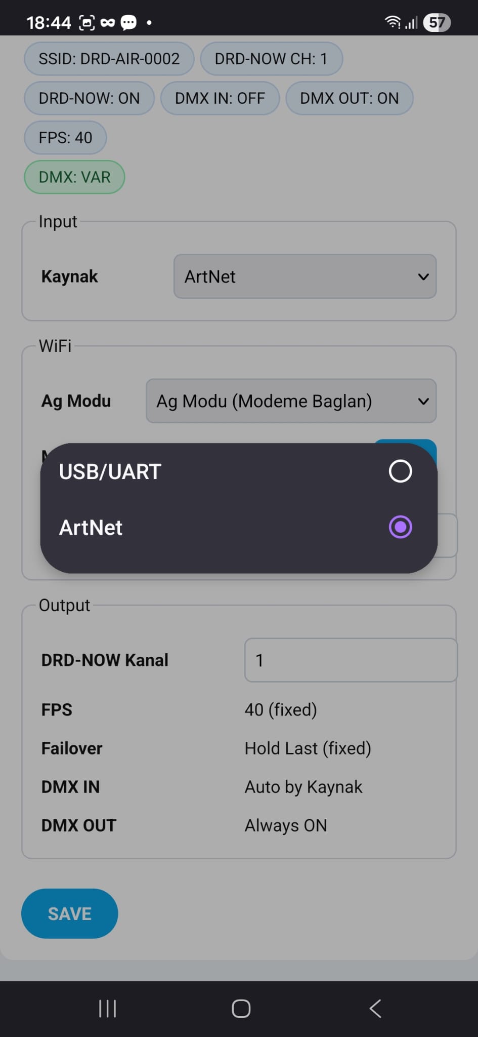 DMX kaynağı seçimi ekranı